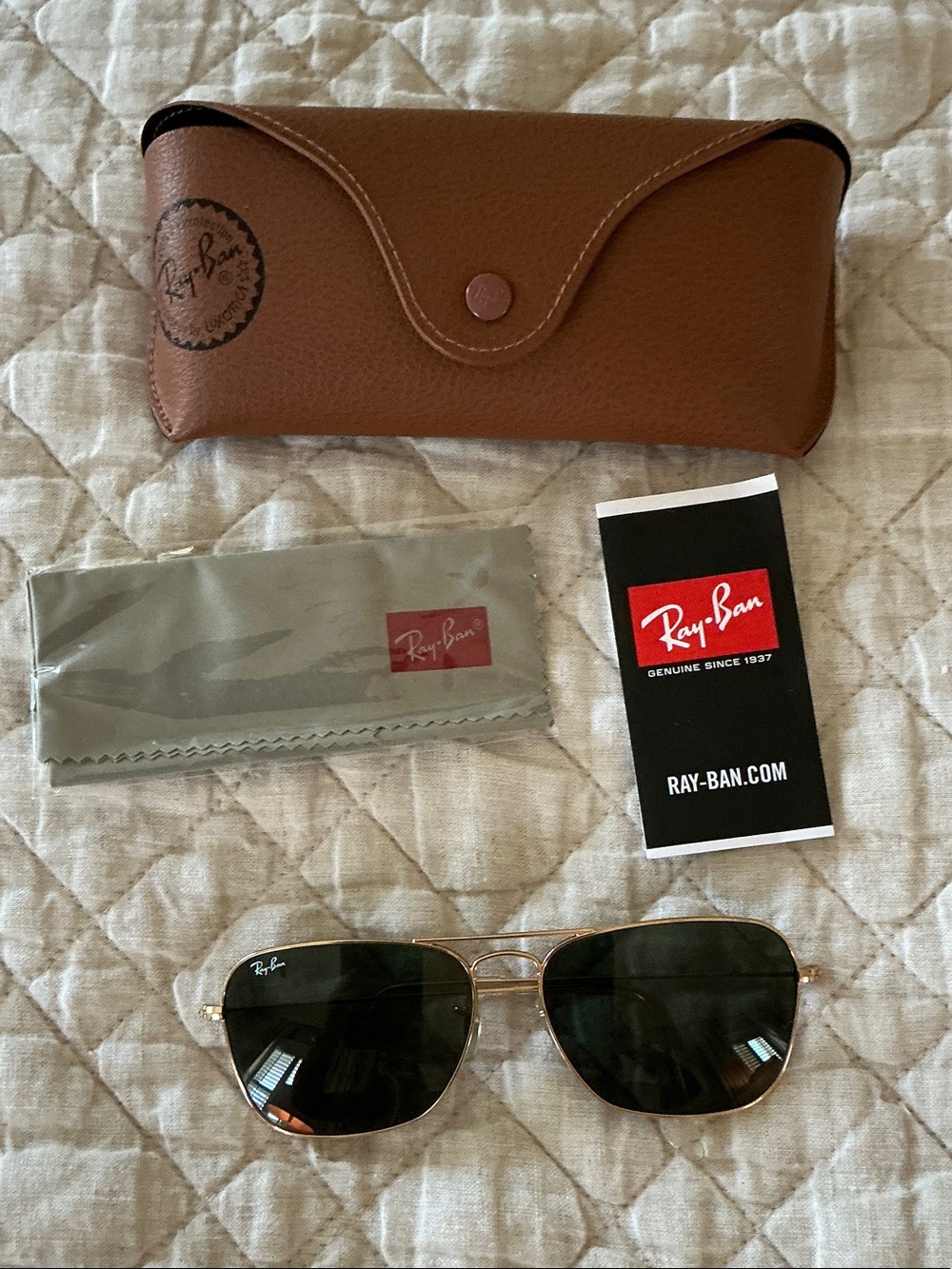 Ray-Ban Gold Frame Sunglasses with Dark Green Lenses and Brown Case